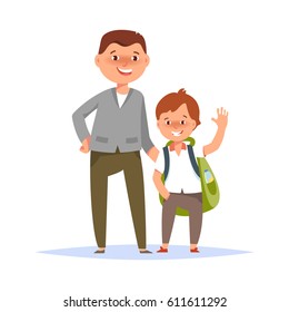 Vector illustration of father and son elementary schoolboy go to school on white background flat cartoon style. Back to school concept