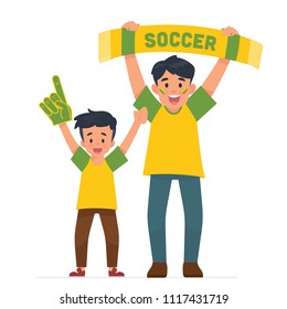 vector illustration father and son fans / supporter soccer or football , father and son have the same football idol