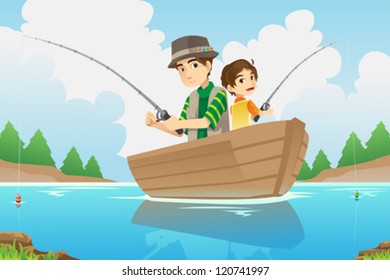 A vector illustration of a father and a son going fishing on a boat