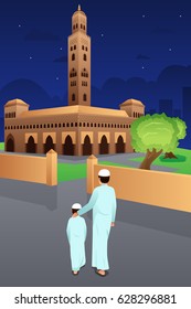 A vector illustration of Father and Son Going to Mosque