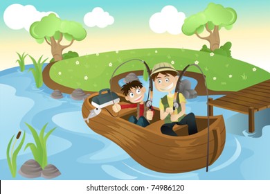 A vector illustration of a father and a son going fishing in the lake