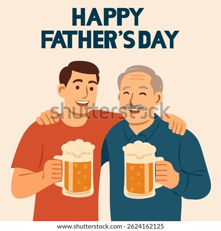 Vector illustration of a father and son happily celebrating Father's Day with mugs of beer. A cheerful and heartwarming scene perfect for holiday-themed content, greeting cards, and family celebration