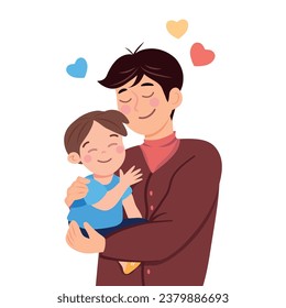 Vector illustration of a father with a son in his arms. Cartoon scene with a smiling and happy little boy being held tenderly by his father in his arms, and hearts around on a white background.