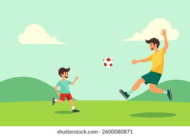 Vector illustration, father and son kicking a ball on the lawn.