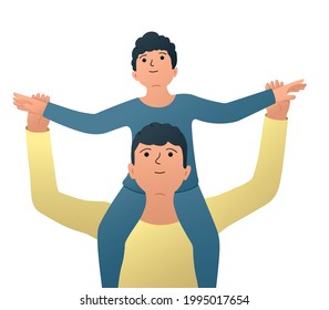 Vector illustration of father and son, little son sitting on dad's shoulders, happy fatherhood moments.