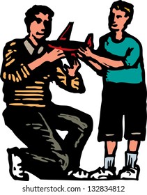 Vector illustration of father and son looking at airplane model
