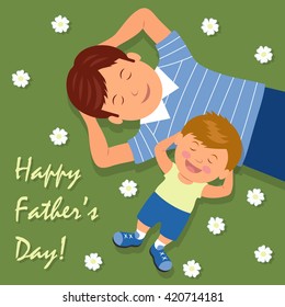 Vector illustration of father and son lying down on lawn having fun. The background for the congratulations. Happy Fathers day.
