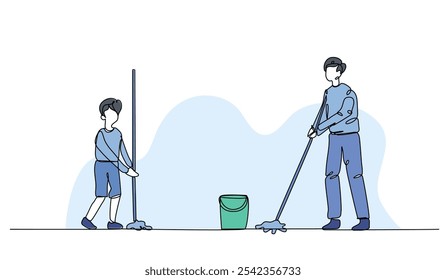 Vector illustration of a father and son are mopping the floor. Modern flat in continuous line style.