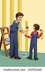 A Vector Illustration Of Father And Son Painting A Wall At Home Together