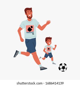 Vector illustration of father and son playing football outside. Family time. Cute family illustration playing outside in cartoon hand drawn style on white. Football training of the kid. Kids soccer