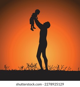 vector illustration Father and son playing together having fun outdoors at sunset