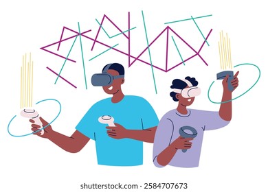 Vector illustration of father and son playing VR games with headsets and controllers. Flat cartoon composition with family bonding, friends spending time together, gaming, virtual reality experience