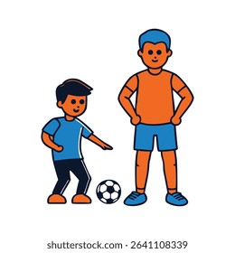 A vector illustration of a father and son playing soccer. The father stands tall while his son playfully kicks the ball.  The illustration is isolated on a white background, perfect for various uses.