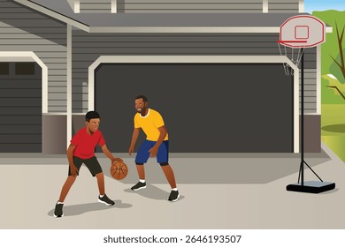 Eine Vektorgrafik von Vater und Sohn beim Basketballspielen in der Einfahrt