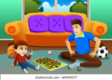 A vector illustration of Father and Son Playing Board Game at Home