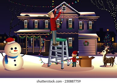 A vector illustration father son putting up lights around the house together for Christmas 