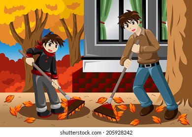 A vector illustration of father and son raking leaves in the garden during Fall season