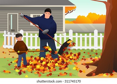 A vector illustration of father and son raking leaves in the yard during Fall season