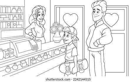 Vector illustration, father with son in the shop doing shopping, coloring book