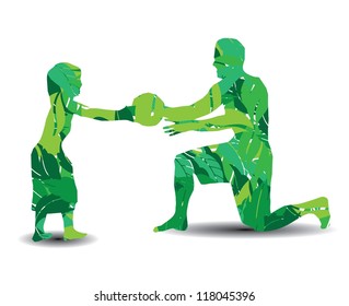 vector illustration of father and son silhouette in leaves