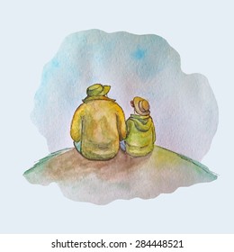 Vector illustration of father and son sitting on the hill made in watercolor. Beautiful hand painted illustration of fatherhood and love. Perfect for Father'??s Day greetings.