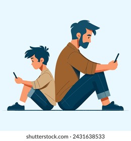 Vector illustration of father and son using mobile. tech concept