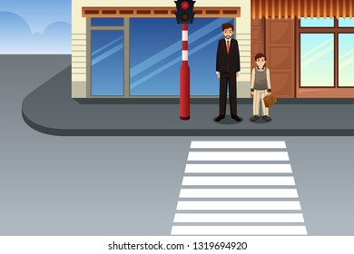 A vector illustration of Father and Son Waiting at Traffic Light