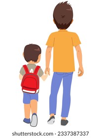 Imagen vectorial de padre e hijo caminando juntos. Dibujo retrospectivo de la familia volviendo a la escuela