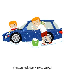 Vector Illustration of Father and Son washing the Car