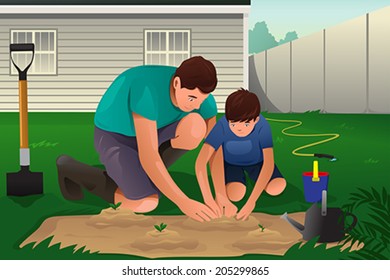 A vector illustration of father and son working on a flower garden in their backyard