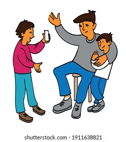 Vector illustration - father with sons; father hugs one son, another takes pictures