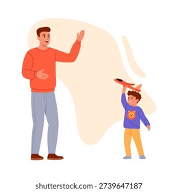 Vector illustration of a father spending time with little son. Cartoon scene of happy boy holding, playing with airplane toy, dad standing with raised hand, isolated on white background. Parenthood.