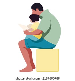 vector illustration father spends time with his child. father holds his son in his arms and reads a book with him. useful for father's day, print, poster, web, advertising, children's product and book