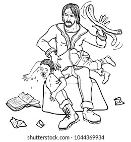 Vector illustration father strapping boy black and white
