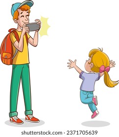 vector illustration of father taking photos of his children