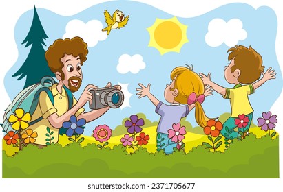 vector illustration of father taking photos of his children