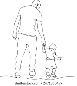 Vector illustration of a father teaching a child to walk, drawn in line art style. Without artificial intelligence