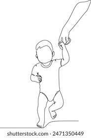 Vector illustration of a father teaching a child to walk, drawn in line art style. Without artificial intelligence