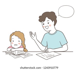Vector illustration father teaching a girl to do homework.Isolated on white color.Draw doodle cartoon style.