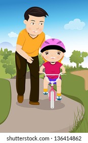 A vector illustration of father teaching his daughter riding a bike in the park