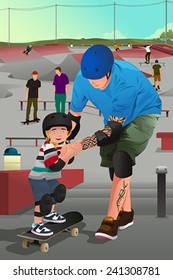 A vector illustration of father teaching his son skateboarding 