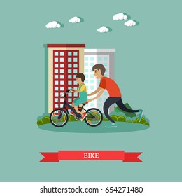 Vector illustration of father teaching his son to ride a bicycle. Childcare and parenting concept flat style design element.