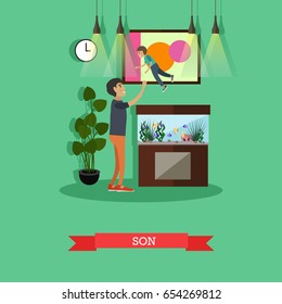 Vector illustration of father throwing his son. Childcare and parenting concept flat style design element.