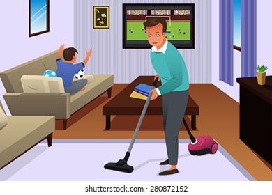 A vector illustration of father vacuuming the carpet in the house while his son watching television