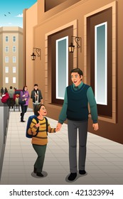 A vector illustration of father walking to school together with his son