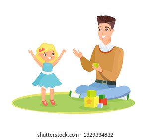 Vector illustration of father and young daughter playing on the carpet with toys, daddy and kid, happy daddy s day concept. Happy child and father playing together, isolated on white background in