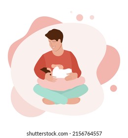 Ilustración vectorial Paternidad, Atención al bebé. Feliz nuevo padre tiene recién nacido. Un hombre abraza a un bebé. Padre de los padres de la familia del Día del Padre