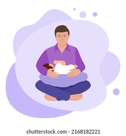 Vector illustration Fatherhood, Baby care. Happy new father holds newborn. Man hugs infant. Father's Day Family Childhood Parents Dad