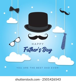 Vector illustration of Father's day greeting card design. Happy father's day text with hat, sunglasses, bow tie, tie and mustache in blue background. 