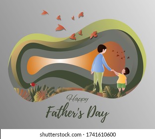 vector illustration of father's day, son and father lovable bonding, son miss and love daddy, holding hand on summer beautiful evening with paper cut effect background